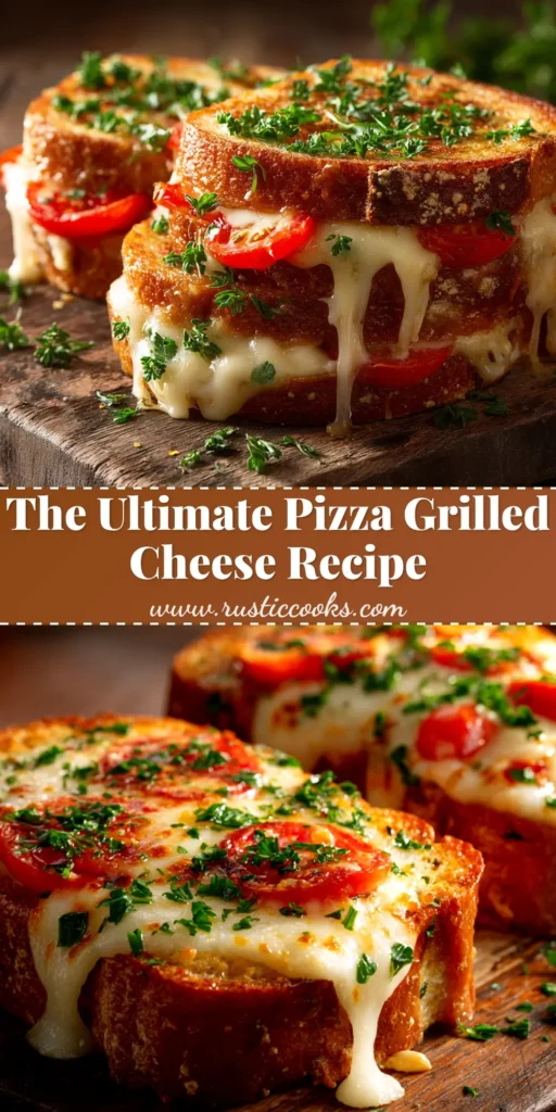 An irresistible Pizza Grilled Cheese sandwich cut in half to show a perfect, gooey mozzarella cheese pull with layers of pepperoni and sauce.