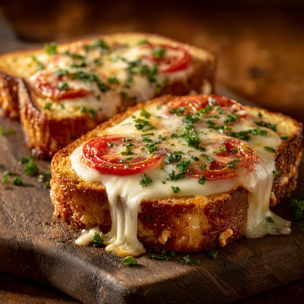 Two perfectly golden-brown Pizza Grilled Cheese sandwiches resting on a rustic wooden board, ready to be served.