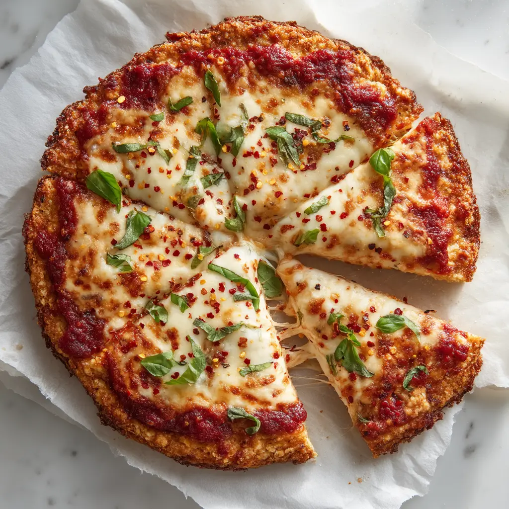 Cottage Cheese Pizza Crust (The Ultimate Crispy, High-Protein Recipe) 2 An overhead view of the golden-brown, pre-baked cottage cheese pizza crust on a sheet of parchment paper, ready for toppings.
