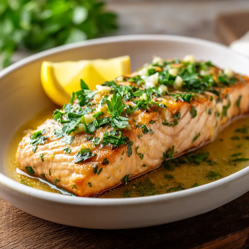 Baked Lemon Garlic Butter Salmon (The BEST Recipe!) 1 The raw salmon fillet on a baking sheet, topped with lemon slices and garlic butter sauce before going into the oven.