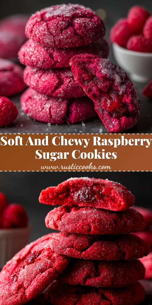 A stack of vibrant pink Raspberry Sugar Cookies on a white plate, with fresh raspberries scattered around. These soft and chewy cookies are easy to make.