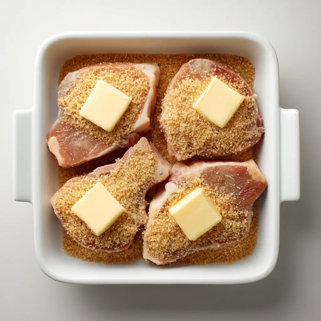 Raw boneless pork chops seasoned with salt and pepper, ready to be cooked for the brown sugar glaze recipe.