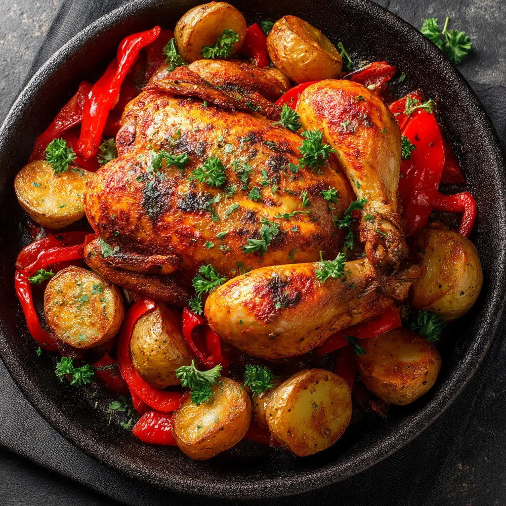 A whole roasted paprika chicken presented in a rustic cast iron skillet, showcasing its crispy, golden-brown skin and garnished with fresh herbs.