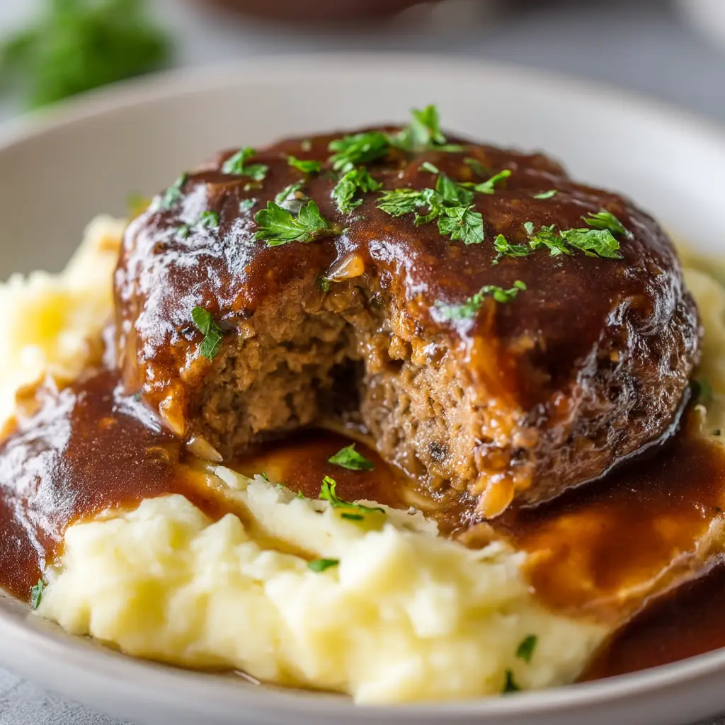 A close-up view of a single Salisbury steak patty smothered in a savory brown gravy with sliced mushrooms and onions.