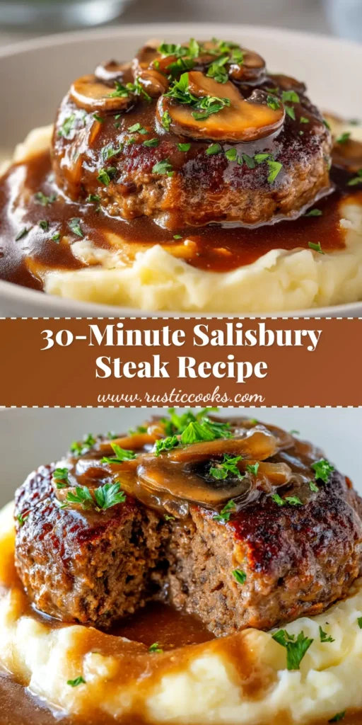 An overhead shot of the finished Salisbury Steak Recipe, showing several juicy patties in a skillet with rich mushroom gravy, garnished with fresh parsley.