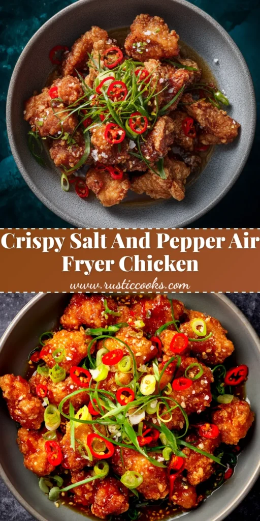 Salt and Pepper Chicken (Restaurant-Style, Extra Crispy!) 4 A close-up shot of crispy salt and pepper chicken in a white bowl, garnished with fresh chilies and spring onions. A title reads 'Crispy Salt and Pepper Chicken'.