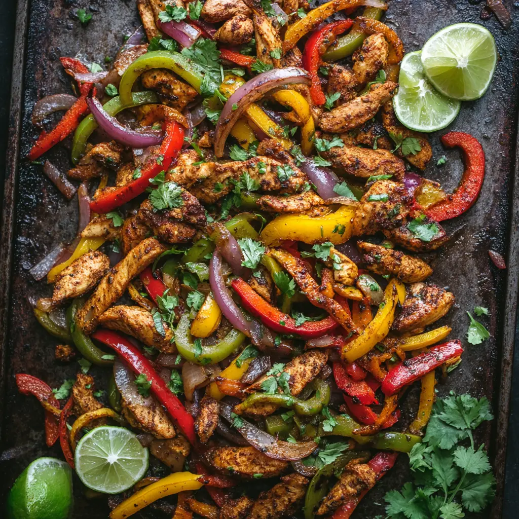 Colorful bell peppers, onions, and chicken coated in homemade fajita seasoning, spread on a sheet pan and ready to be baked.