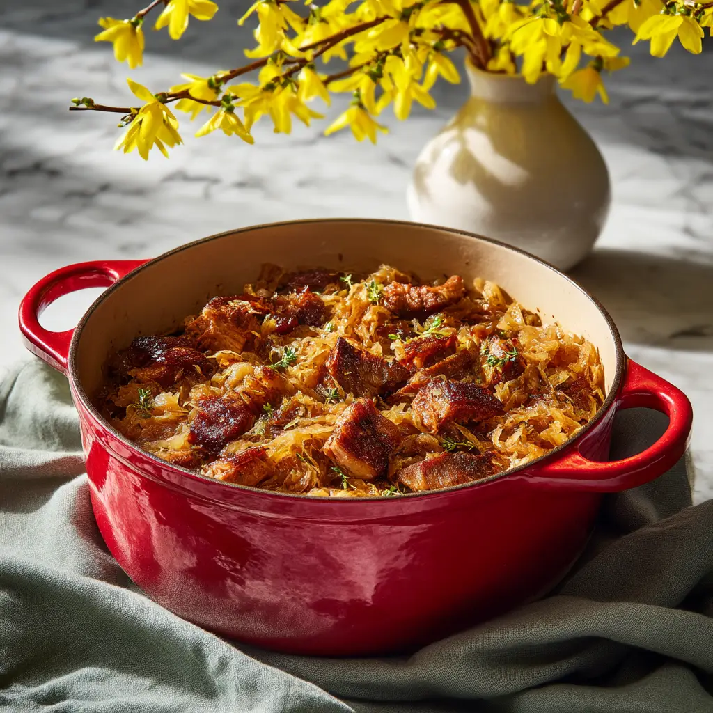 A plate of authentic Bavarian Pork and Sauerkraut served with a side of potato dumplings, ready to eat.
