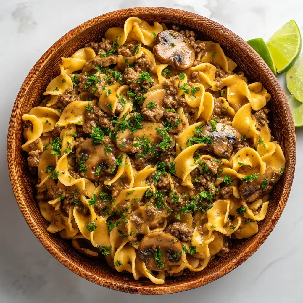 Ground Beef Stroganoff (The Ultimate 30-Minute Recipe) 1 A spoonful of creamy ground beef stroganoff being lifted from a bowl, showing the tender beef, mushrooms, and noodles coated in sauce.