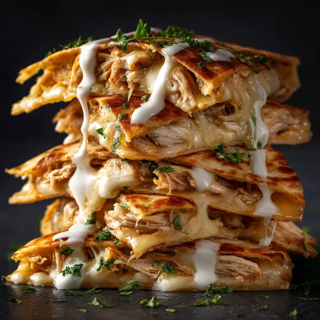 A stack of freshly made shredded chicken quesadillas, garnished with cilantro and ready to be served.