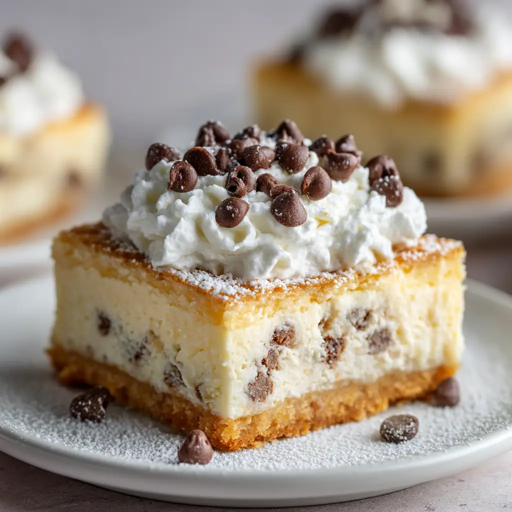 A single, perfect square of a cannoli cheesecake bar on a white plate, showing the distinct layers of graham cracker crust and creamy ricotta filling.