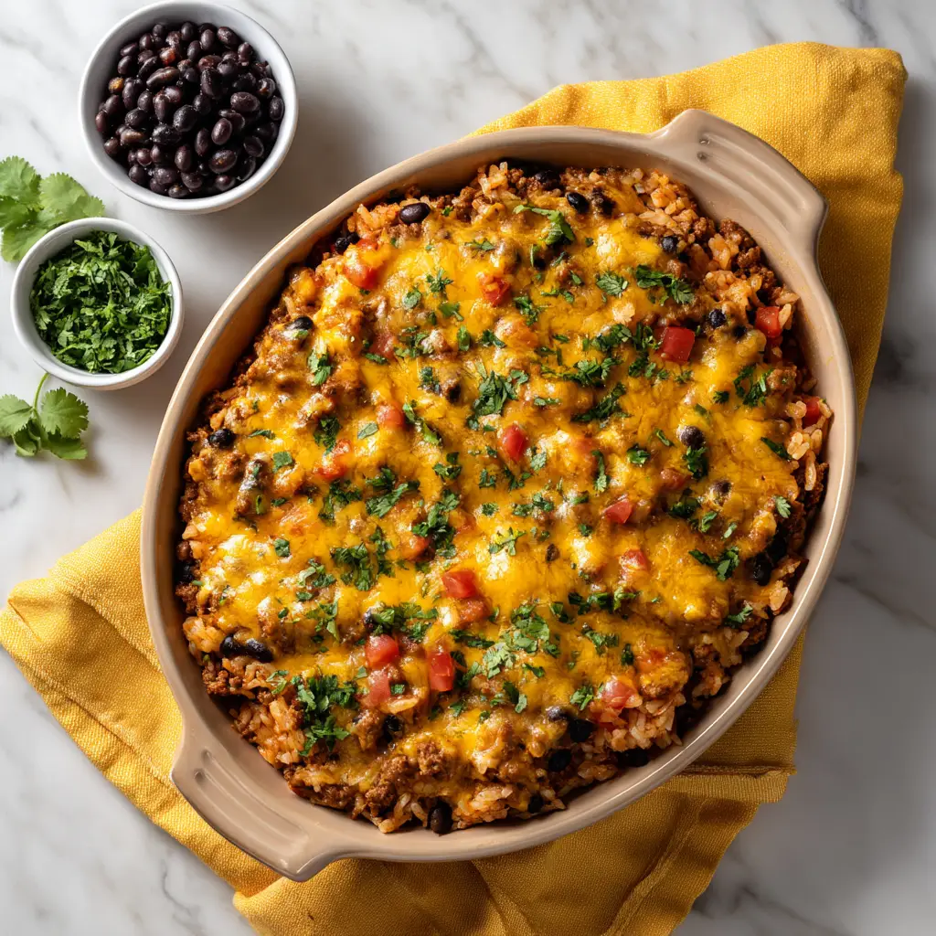 Mexican Ground Beef Casserole (The Ultimate Cheesy Recipe!) 1 A close-up slice of the finished layered beef bake on a plate, showcasing the melted cheese and hearty filling.
