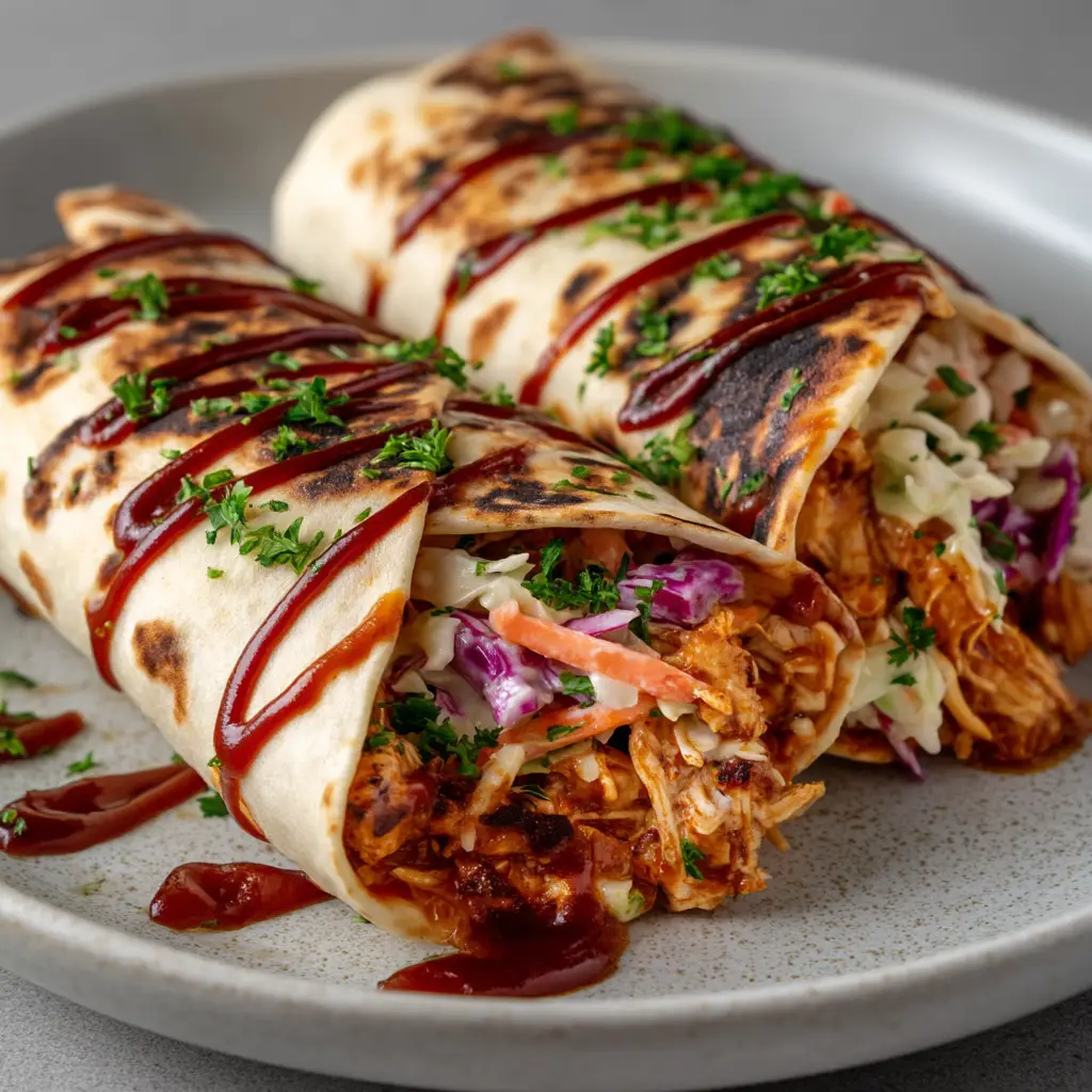 BBQ Chicken Coleslaw Wraps (Quick & Easy Recipe!) 1 A shot of two BBQ chicken coleslaw wraps sliced in half on a wooden board, showcasing the vibrant interior.