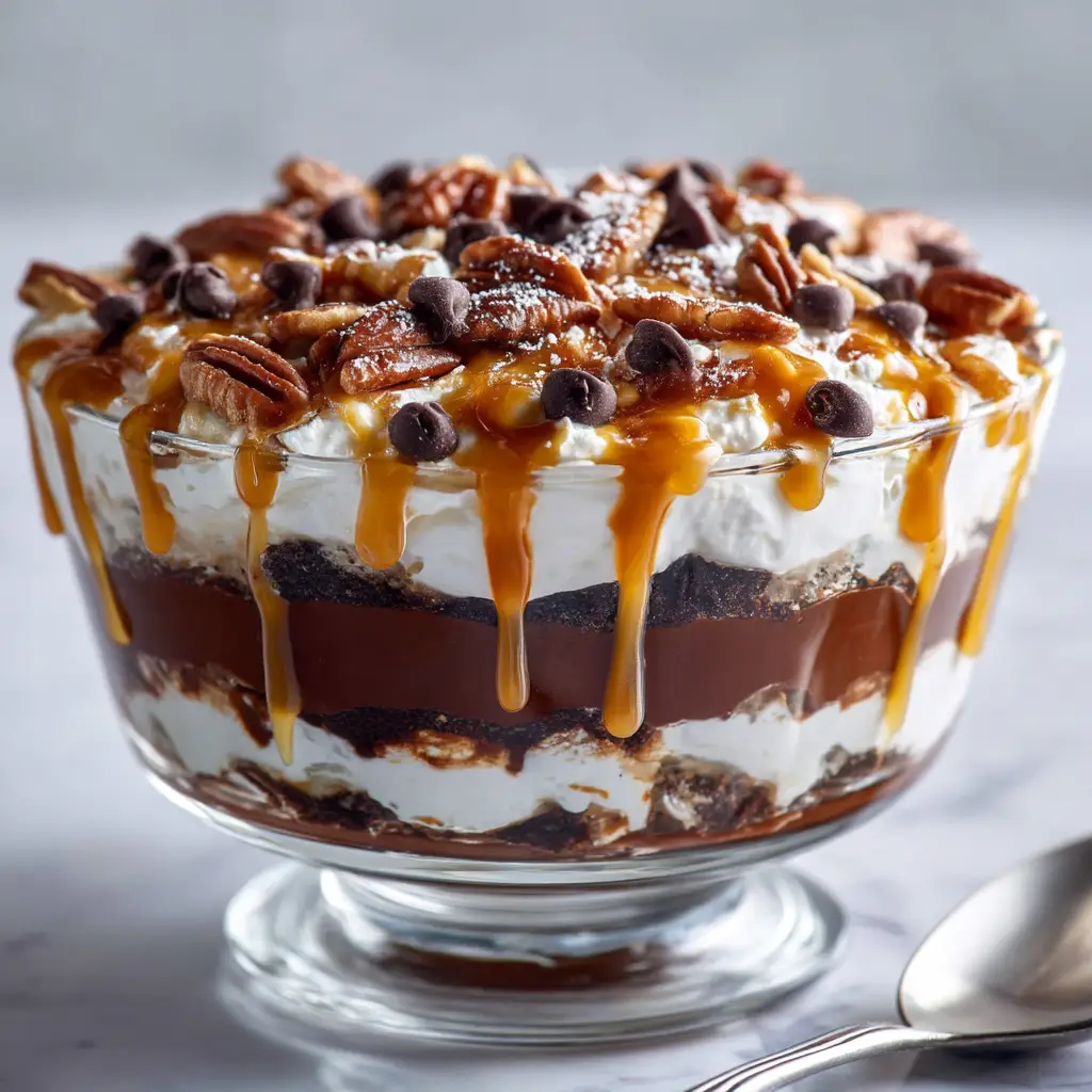 A pan of the completed Turtle Lasagna Dessert being sliced, showing the rich chocolate pudding and cream cheese filling.