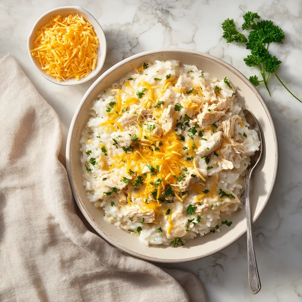 A close-up shot of a spoonful of slow cooker chicken and rice, showcasing the creamy texture and shredded chicken.