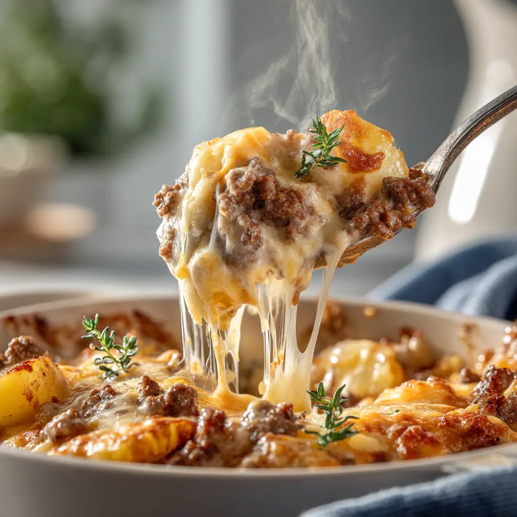 A close-up spoonful of slow cooker ground beef and potato stew, showing the tender potatoes and savory beef.