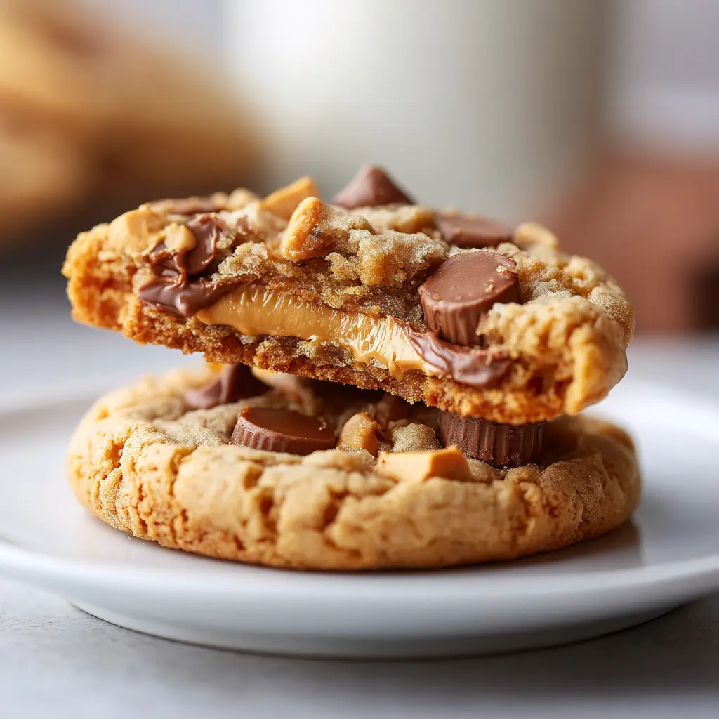 An extreme close-up shot of a single soft and chewy Reese's peanut butter cookie, highlighting its golden-brown texture.