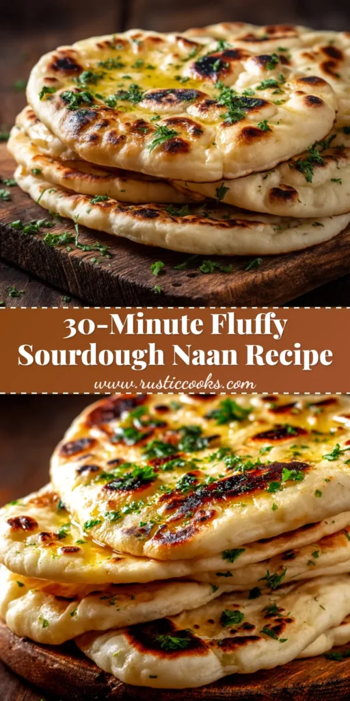 Sourdough Discard Naan Recipe (Fluffy & Chewy) 4 A stack of homemade naan made from a sourdough discard naan recipe, brushed with garlic butter and herbs, ready to be served.