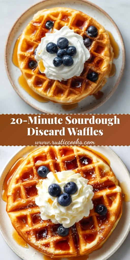 A stack of crispy golden Sourdough Discard Waffles topped with fresh berries and a drizzle of maple syrup, ready to be eaten.