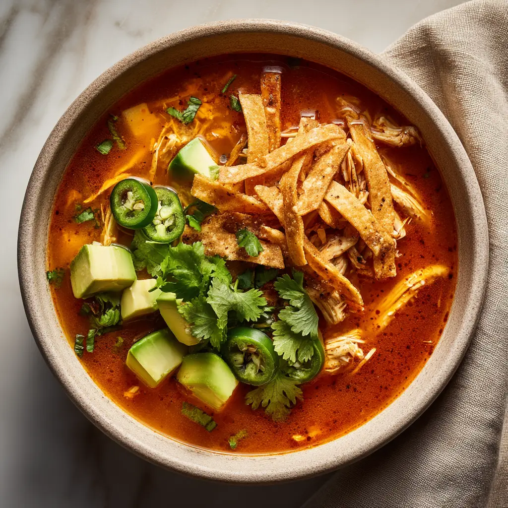 Chicken Tortilla Soup: The Ultimate Comfort Recipe 1 A finished bowl of spicy chicken tortilla soup, generously topped with shredded cheese, a dollop of sour cream, and fresh cilantro.