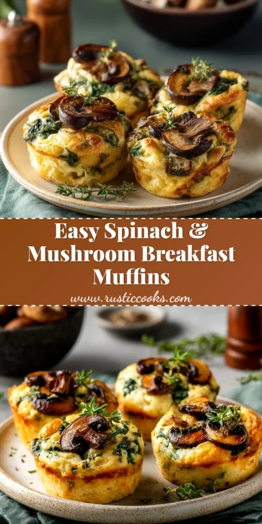 Spinach and Mushroom Quiche Muffins (The Perfect Make-Ahead Breakfast) 4 A platter of golden-brown spinach and mushroom quiche muffins, perfect for a make-ahead breakfast or brunch. One muffin is broken in half to show the fluffy egg and savory filling.