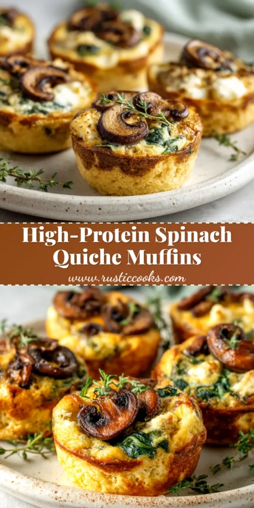 A close-up overhead shot of savory spinach and mushroom quiche muffins arranged on a rustic wooden board, ready to be served for breakfast.