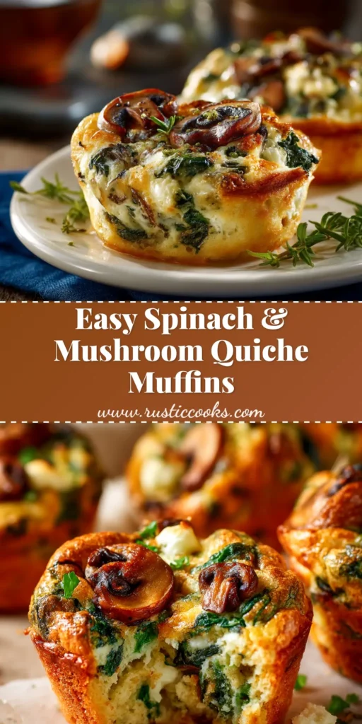 Spinach and Mushroom Quiche Muffins: The Perfect Savory Bite 4 A close up shot of perfectly golden Spinach and Mushroom Quiche Muffins on a rustic wooden board, ready to be eaten.