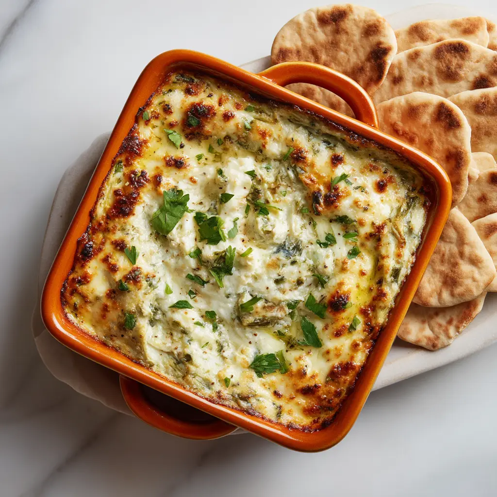 A bowl of the ingredients for baked spinach artichoke dip before mixing, including cream cheese, spinach, and artichoke hearts.