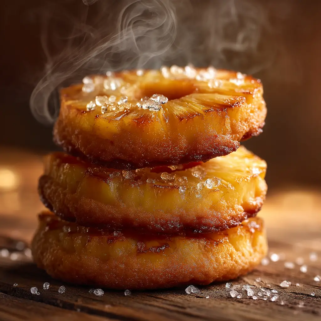 A close-up shot of three pineapple upside down cookies stacked, showing the soft texture and the glistening caramelized pineapple topping.