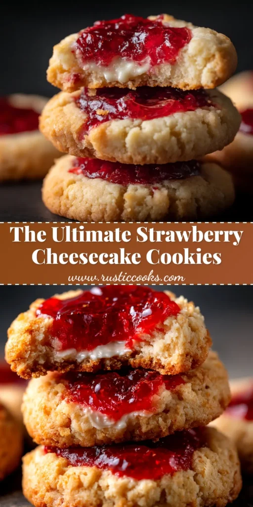 A stack of freshly baked strawberry cheesecake cookies with white chocolate drizzle and graham cracker topping, with one cookie broken in half to show the creamy cheesecake filling.