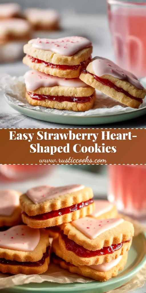 A stack of buttery strawberry shortbread cookies with a pink glaze, with fresh strawberries scattered around on a light surface.
