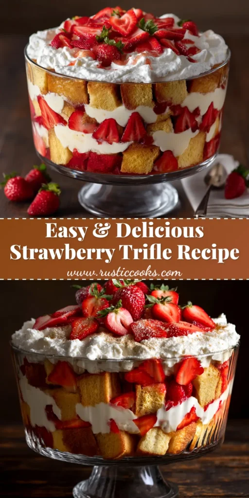 Strawberry Trifle: An Easy & Elegant Summer Dessert 3 A beautiful, layered Strawberry Trifle in a large glass bowl, topped with whipped cream and fresh strawberries. A perfect no-bake summer dessert.
