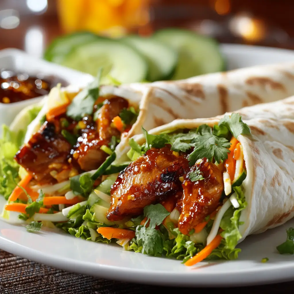 An extreme close-up of two halves of a sweet chili chicken wrap, showing the tender chicken, fresh lettuce, and creamy sauce inside.