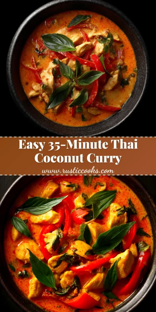 A beautiful bowl of homemade Thai Coconut Curry Chicken, garnished with fresh basil and served with lime. The creamy red curry is perfect for a quick and easy weeknight dinner.