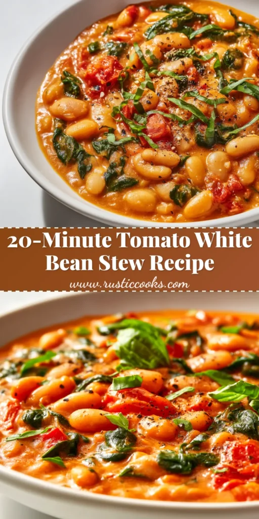 A beautiful overhead shot of a bowl of hearty Tomato White Bean Stew, garnished with fresh parsley and served with a side of crusty bread.