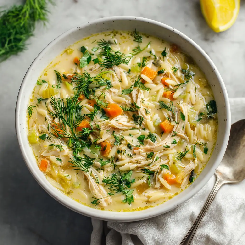 A serving of traditional Greek soup with a lemon wedge and fresh dill on the side, ready to be enjoyed.