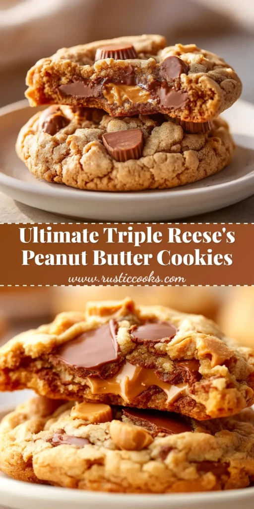 A stack of Triple Reese's Peanut Butter Cookies on a rustic wooden board, showing the Reese's cup center and colorful Reese's Pieces.