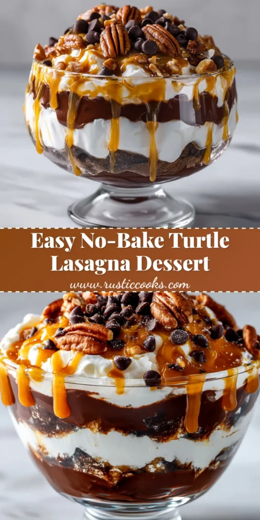 A beautiful slice of Turtle Lasagna Dessert on a white plate, showing distinct layers of Oreo crust, cream cheese, and chocolate pudding, topped with whipped cream, caramel drizzle, and pecans.