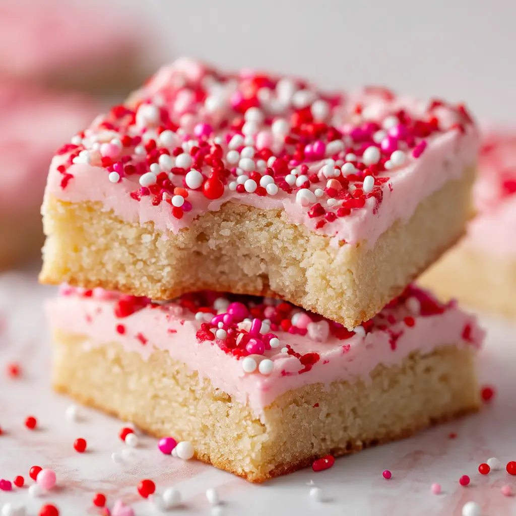 Two chewy Valentine's Day sugar cookie bars stacked on a plate, topped with creamy pink frosting and heart-shaped sprinkles.