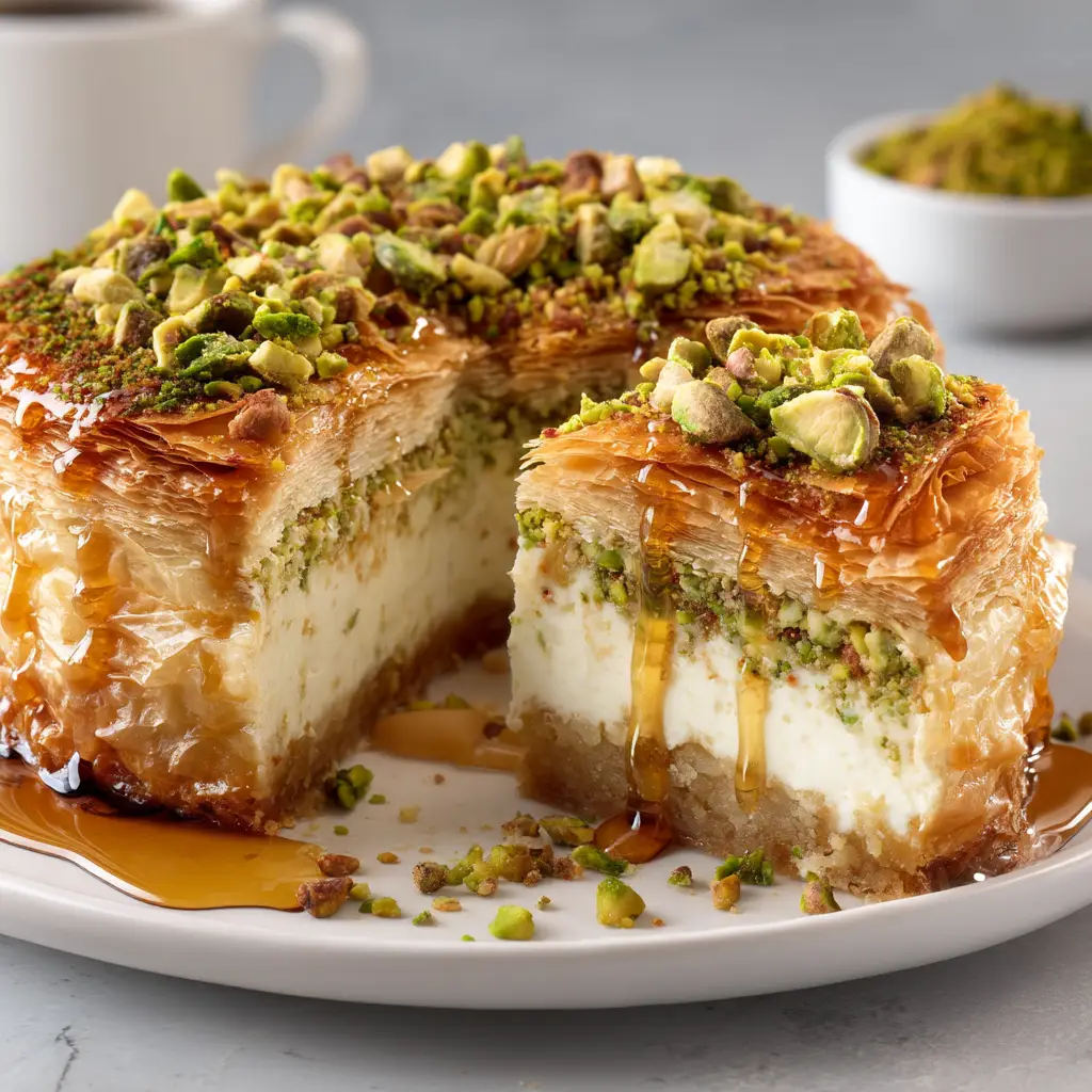 A whole Baklava Cheesecake just after being drizzled with golden honey syrup, showcasing its crispy phyllo top layer and generous nutty topping.