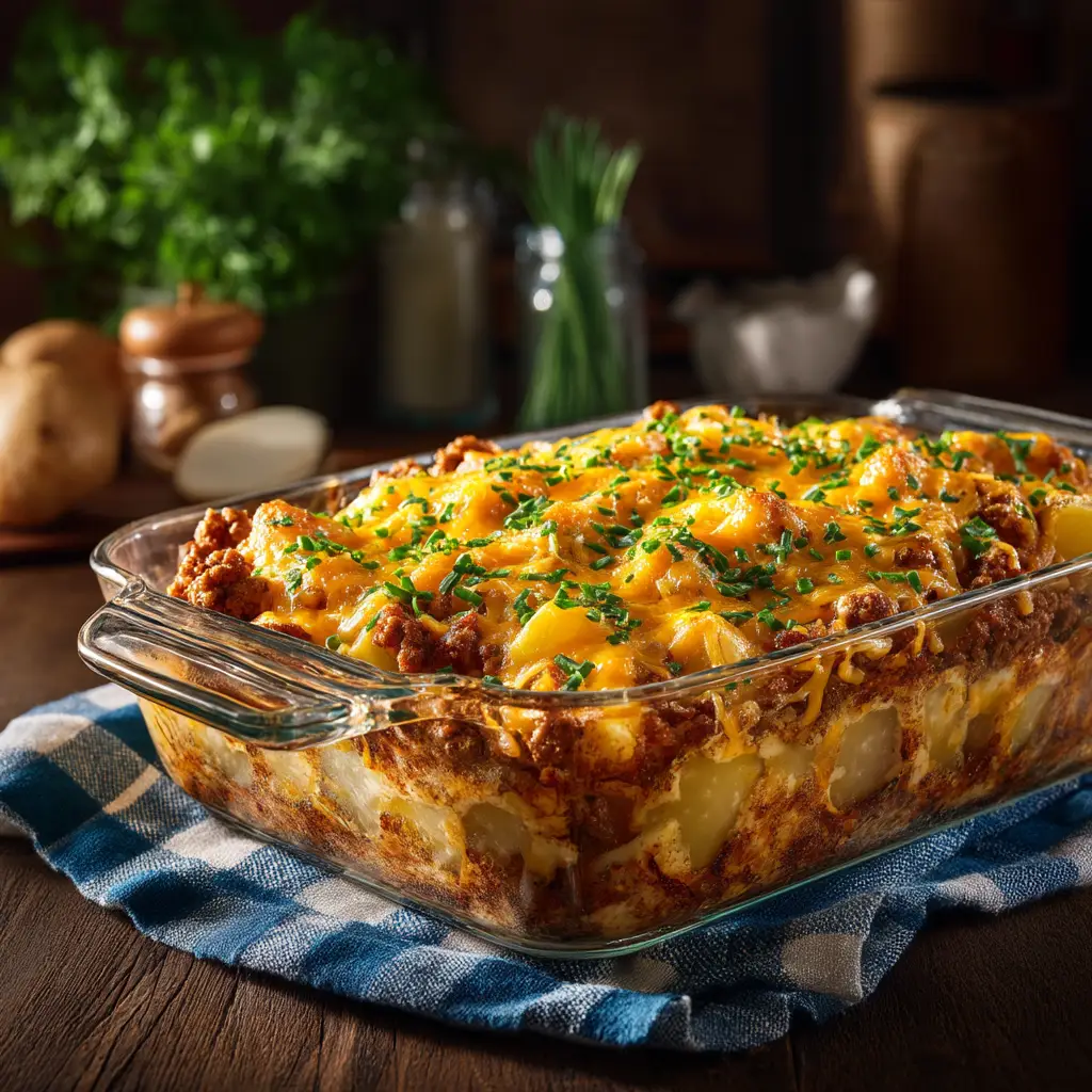 Amish Casserole: The Hearty & Creamy Comfort Food Recipe 2 A close-up shot of the ingredients for the Amish Casserole, including ground beef, egg noodles, onion, garlic, and cream of mushroom soup, arranged on a rustic wooden surface.