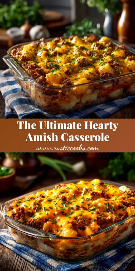 Amish Casserole: The Hearty & Creamy Comfort Food Recipe 3 A top-down view of a hearty Amish Casserole in a baking dish. The casserole features egg noodles and ground beef in a creamy sauce, topped with melted golden-brown cheese and garnished with fresh parsley.