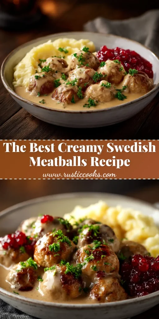 A top-down view of a bowl of authentic Swedish Meatballs, covered in a rich cream gravy and garnished with fresh parsley. This image showcases the final Swedish Meatballs Recipe.