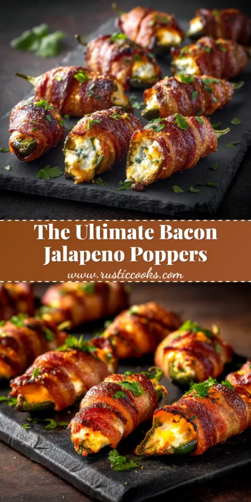 A platter of perfectly cooked bacon-wrapped jalapeno poppers, with crispy bacon and a melted, cheesy filling.
