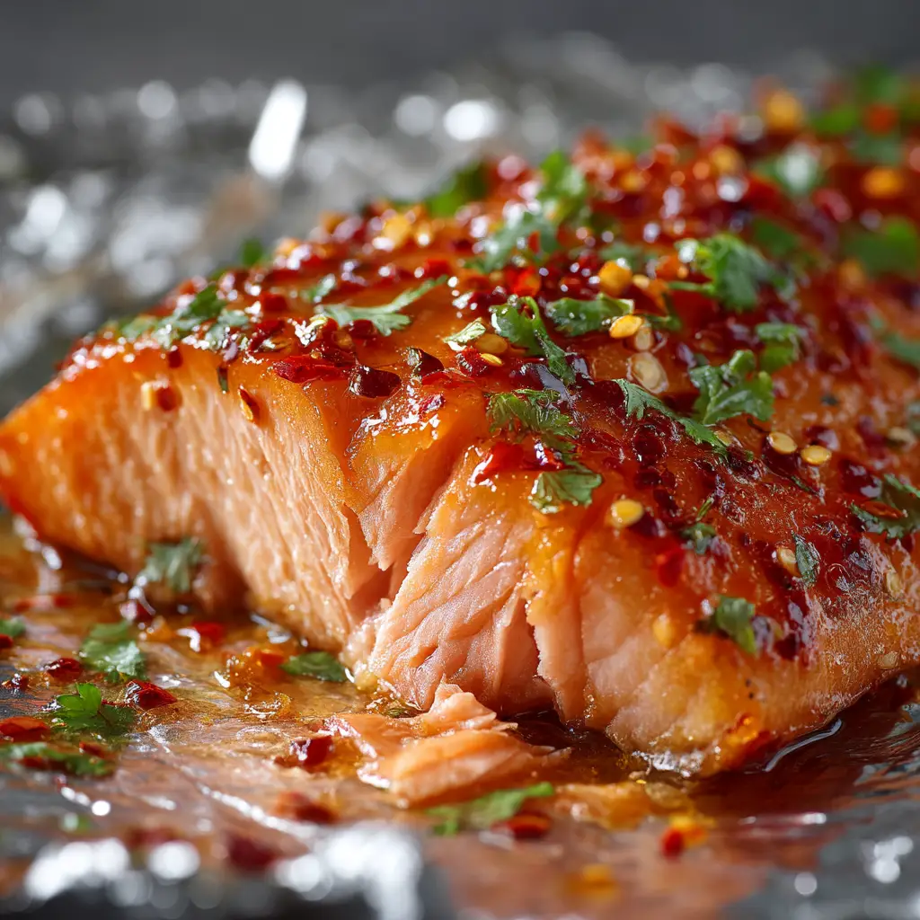 An extreme close-up of a perfectly baked sweet chili salmon fillet, showing the flaky texture and caramelized glaze.