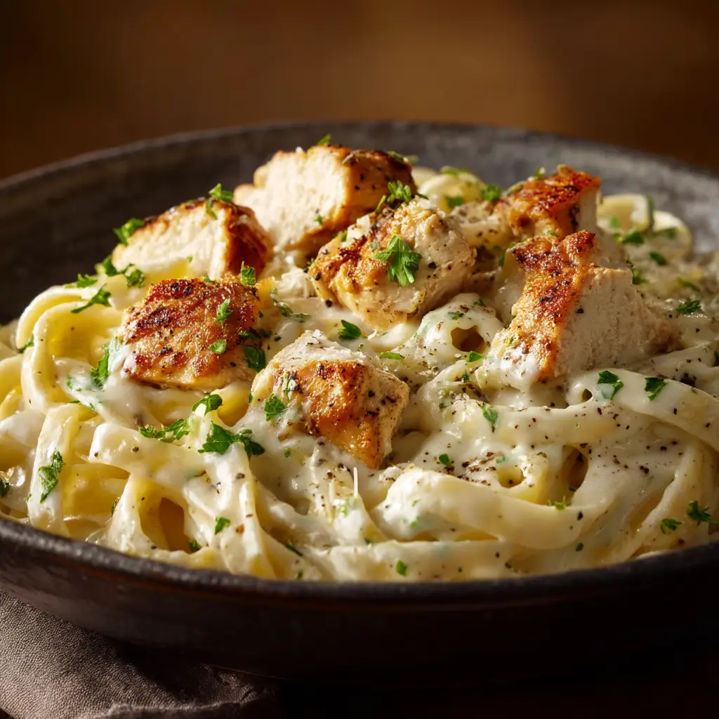 Chicken Alfredo Recipe (Easy, Creamy & Better Than a Restaurant!) 1 A plate of the finished Chicken Alfredo Recipe, garnished with fresh parsley and cracked black pepper, ready to be served.