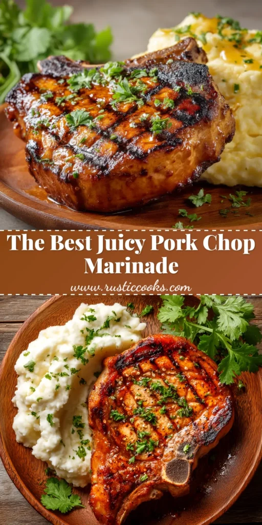 A close-up overhead shot of pork chops in a savory brown pork chop marinade. The marinade is in a glass dish with raw pork, ready for grilling.