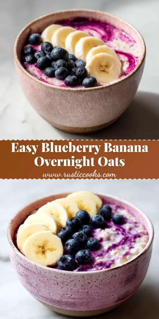 A top-down view of creamy Blueberry Banana Overnight Oats in a rustic pink bowl, topped with fresh blueberries and banana slices. The perfect healthy make-ahead breakfast.
