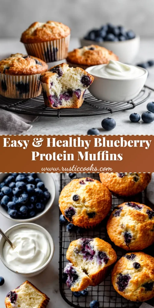 A stack of moist blueberry protein muffins on a white plate, with fresh blueberries scattered around. The perfect healthy breakfast recipe.