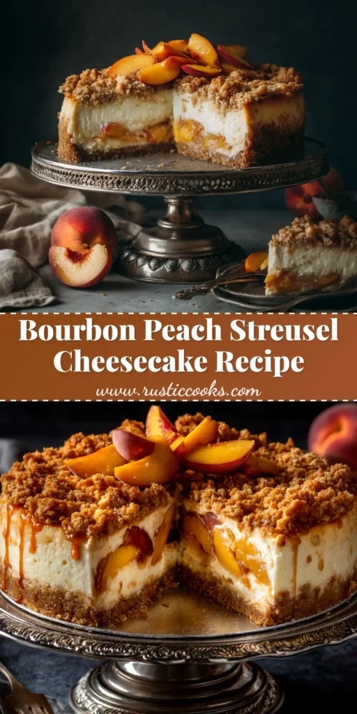 Bourbon Peach Streusel Cheesecake: The Ultimate Guide 3 A stunning overhead shot of a whole Bourbon Peach Streusel Cheesecake, garnished with fresh peach slices and a dusting of powdered sugar.